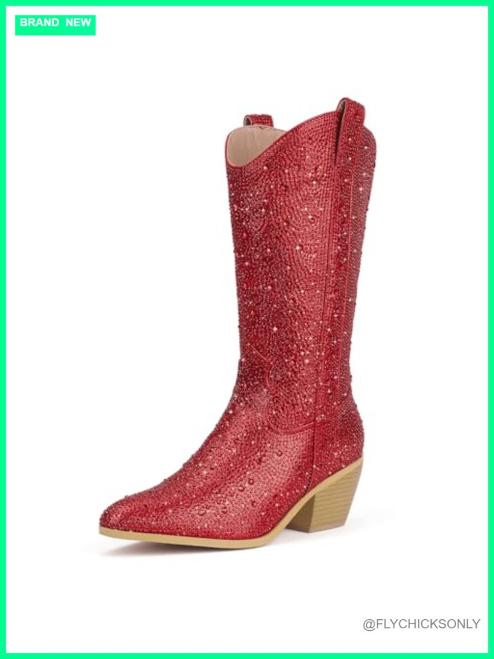 Rhinestone Mid Calf Western Cowgirl Boots Pointed Toe Block Heel Sparkly